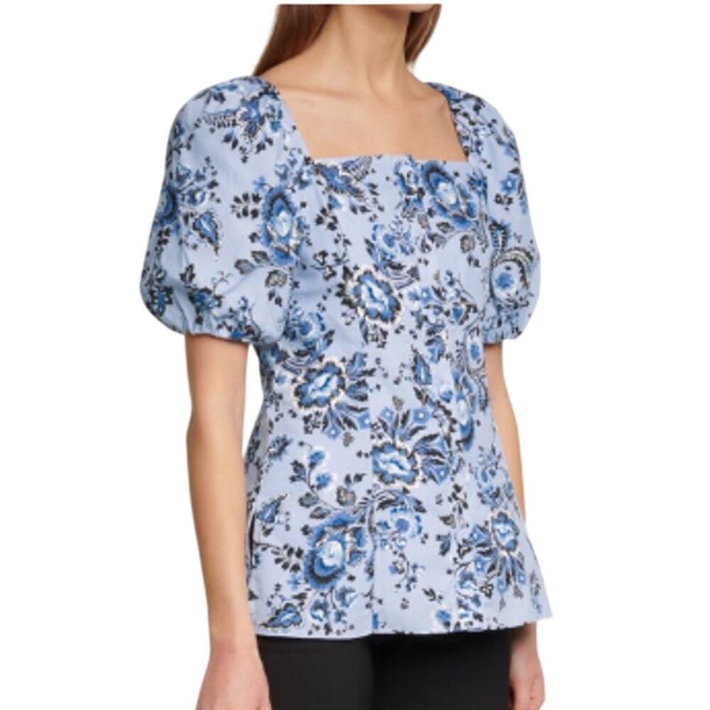 ERDEM Inez Floral Cotton Poplin Puff Sleeve Square Neck Blouse Blue US 4 UK 8